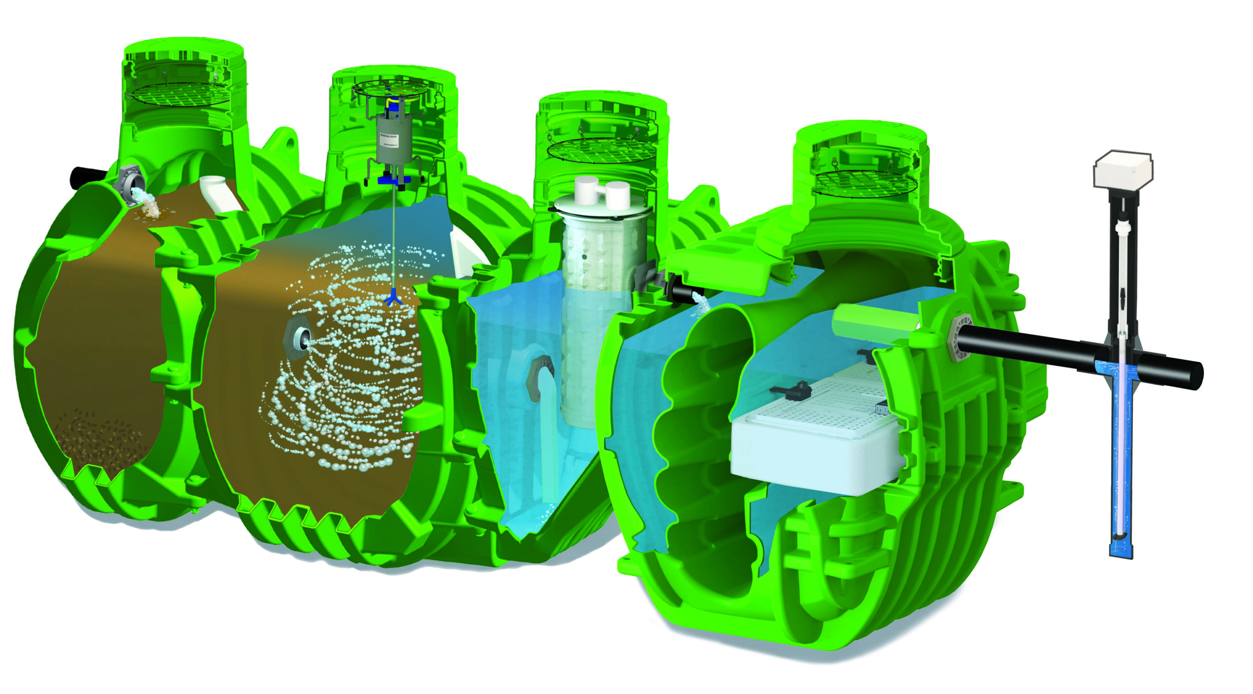 Cutaway view of a green, multi-chamber underground water treatment system showing internal components and water flow paths.
