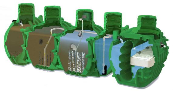 Cutaway illustration of a green septic tank system showing four internal processing stages for wastewater treatment.