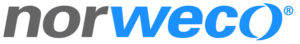 Norweco logo featuring the company name in lowercase letters with "nor" in gray and "weco" in blue, ending with a stylized blue crescent and registered trademark symbol.